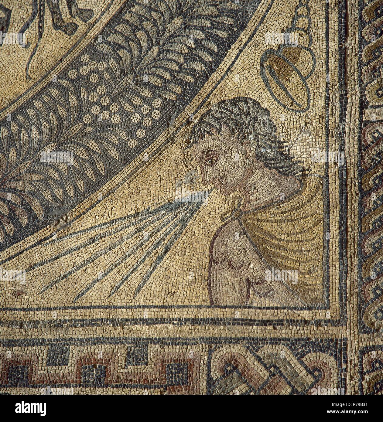 Aurigas mosaico. Dettaglio raffigurante uno dei quattro Venti. Iv secolo. Museo Nazionale di Arte Romana. Merida. Spagna. Foto Stock