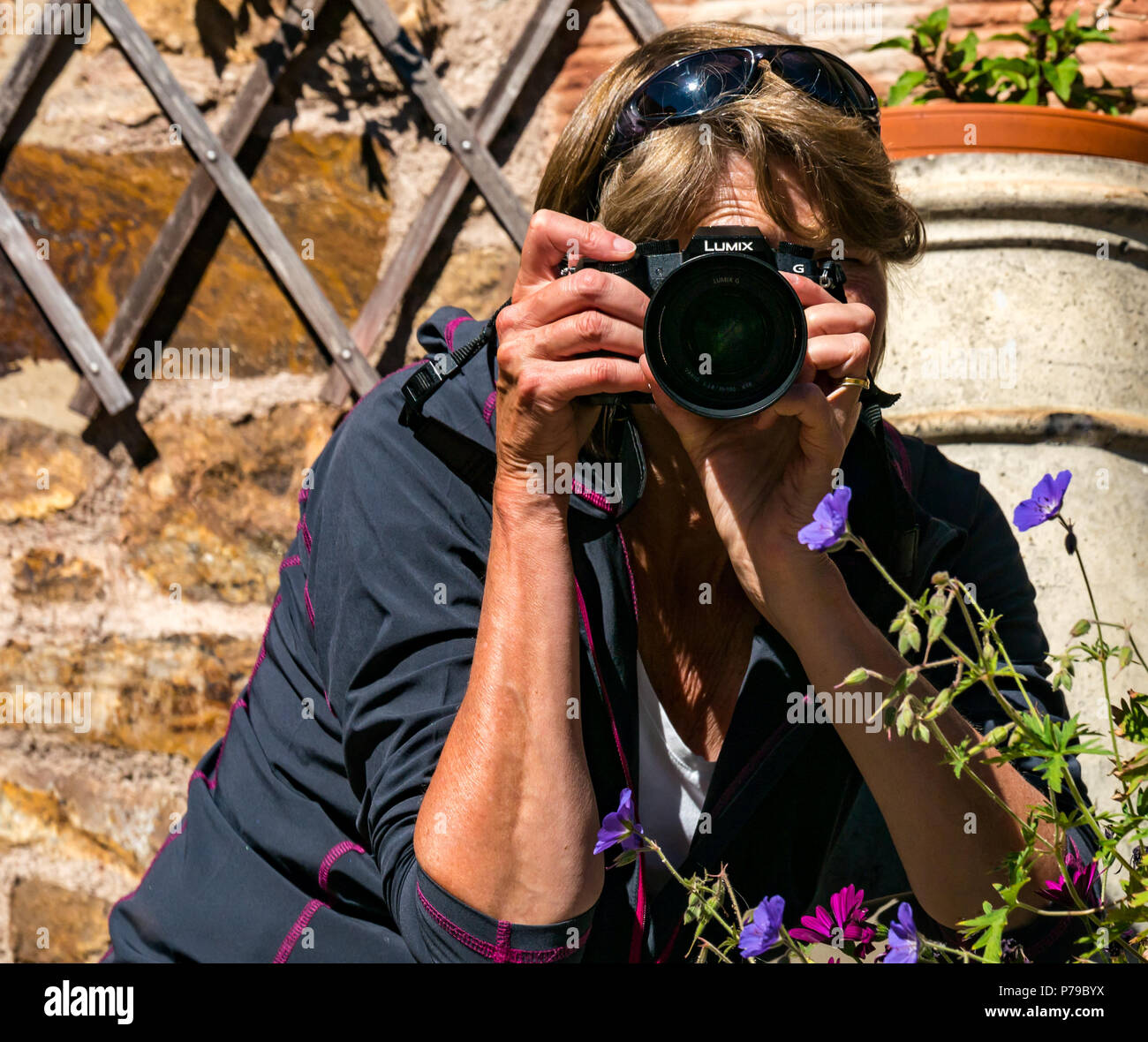 Donna fotografo scattare una foto in un giardino soleggiato con la fotocamera Panasonic Lumix micro quattro terzi, Regno Unito Foto Stock