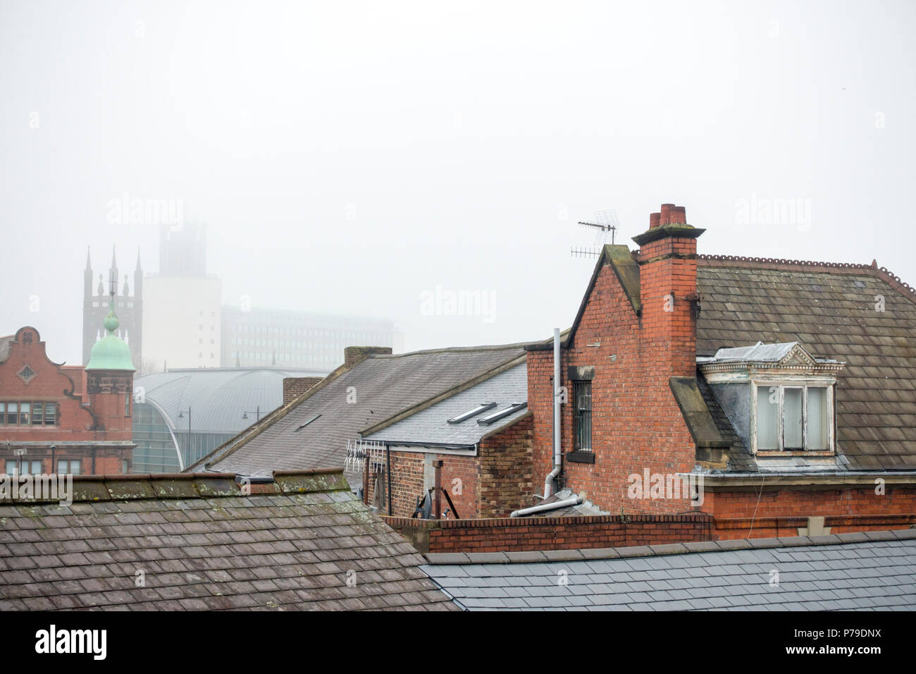 Newcastle Civic Center immersa nella foschia sopra i tetti Foto Stock