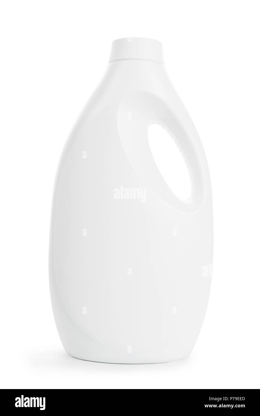 Bianco grande bottiglia di plastica con maniglia e uno spazio vuoto su di esso. Isolato su bianco, percorso di clipping incluso Foto Stock
