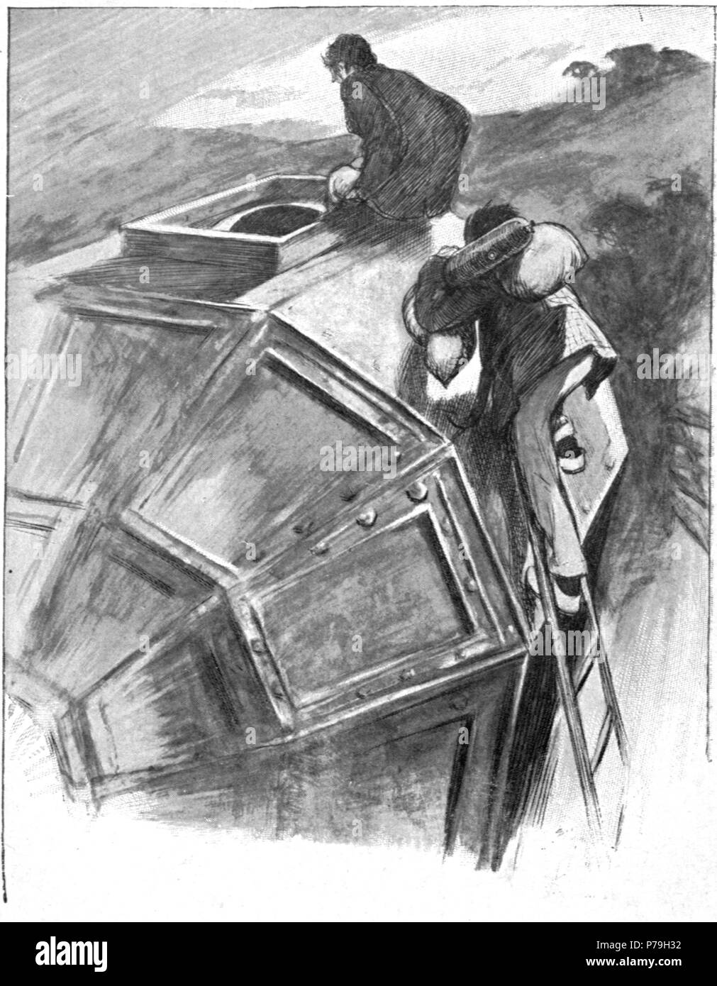 Inglese: illustrazione pagina a fronte 54 di H. G. Wells' i primi uomini nella luna, 1° edizione rilegata, pubblicato da George Newnes nel 1901. Didascalia: "Mi sono seduto di fronte al bordo del tombino e guardavano giù in nero interno" . 1901 20 primi uomini nella luna (1901) FP54 Foto Stock