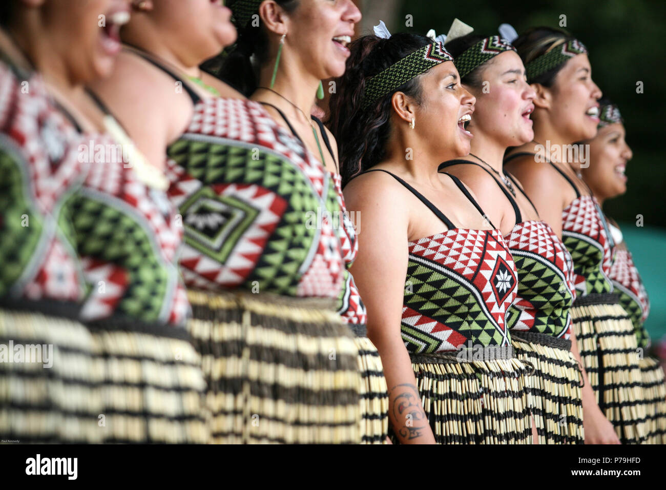 Polinesiano cultura Maori Group (Ngaru Kaha) da Whangarei, danza una Kapa Haka durante Waitangi Day celebrazioni a Waitangi, Nuova Zelanda Foto Stock