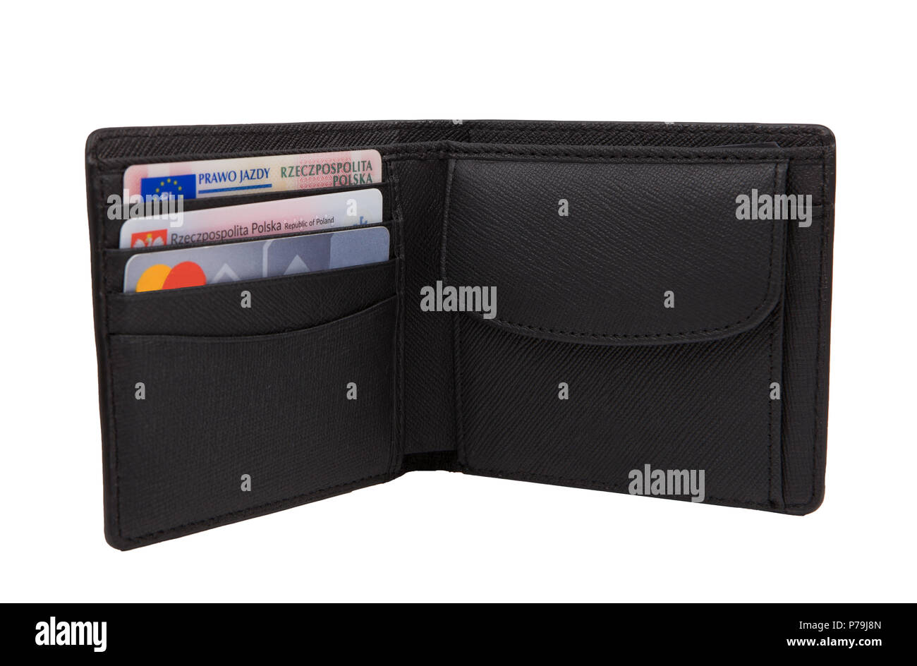 In cuoio portafogli aperti con carta di credito, documenti. Elegante  custodia nera in pelle Foto stock - Alamy
