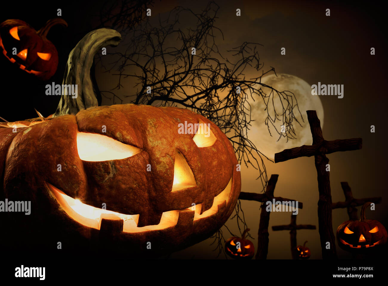 Molti zucca sul luogo di seppellimento, concetto festa religiosa Halloween Foto Stock