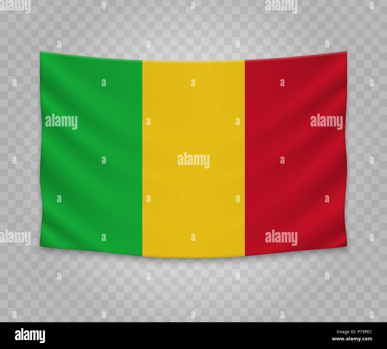 Appendere realistico bandiera del Mali. Vuoto striscione in tessuto illustration design. Illustrazione Vettoriale