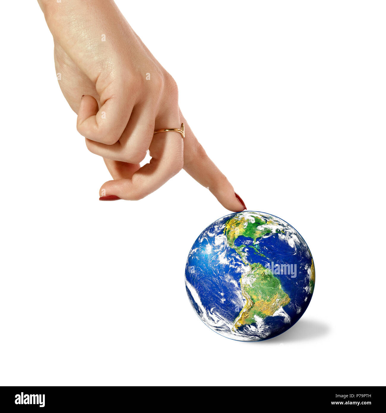 Donna mano dito indice in pianeta Terra, su uno sfondo bianco. Immagine dal satellite: Stokli, Nelson, Hasler Laboratorio per atmosfere Goddard Spa Foto Stock