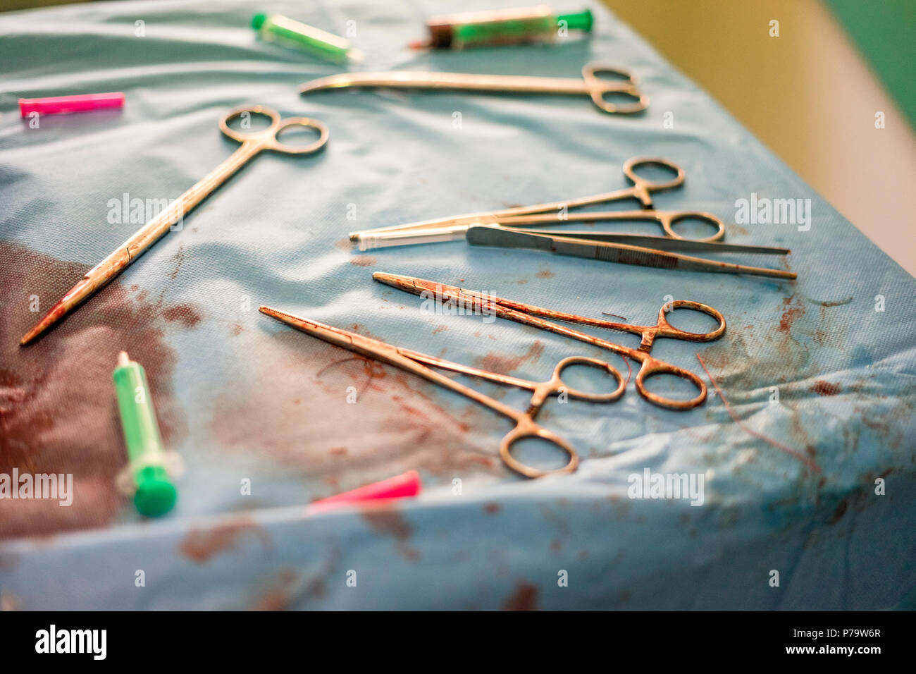 Argento ginecologo strumenti utilizzati durante il parto in ospedale Foto Stock