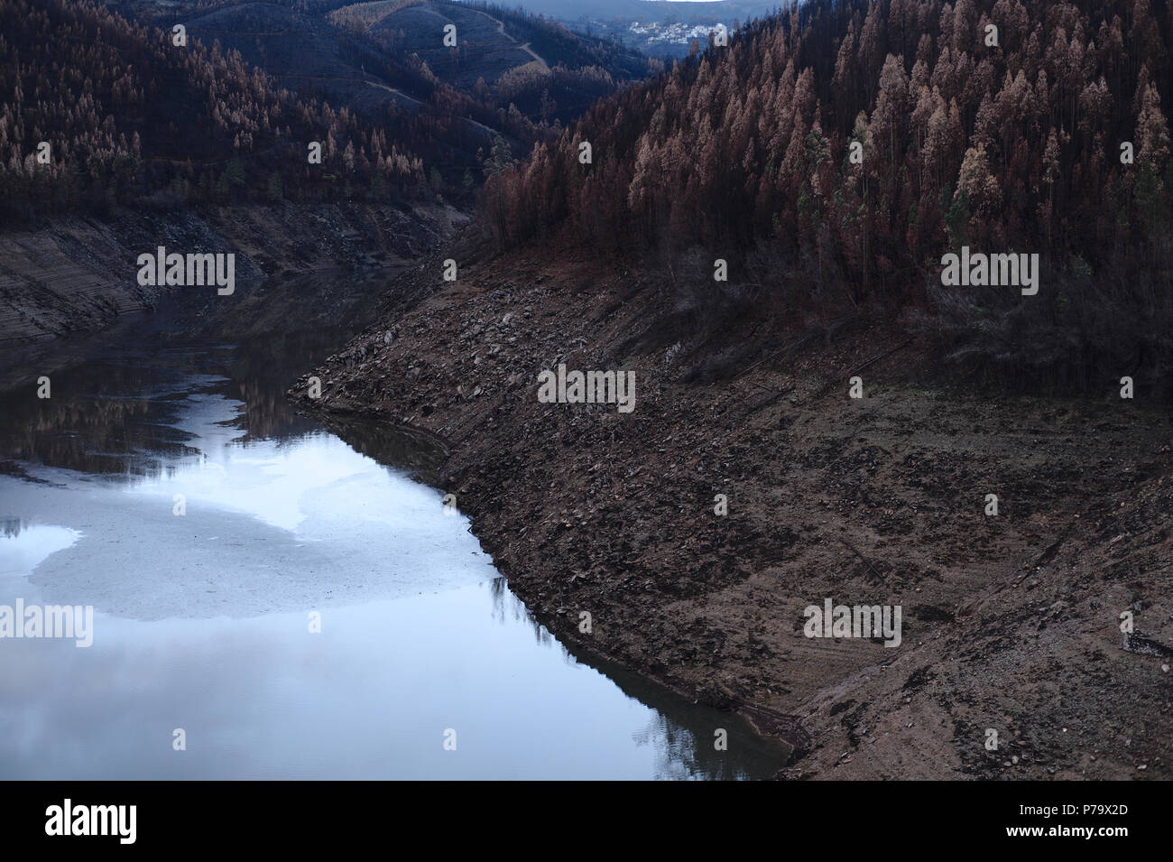 Il bacino del fiume Zezere, con gli effetti visibili della grave siccità e gli alberi carbonizzati in i suoi margini di profitto. Foto Stock