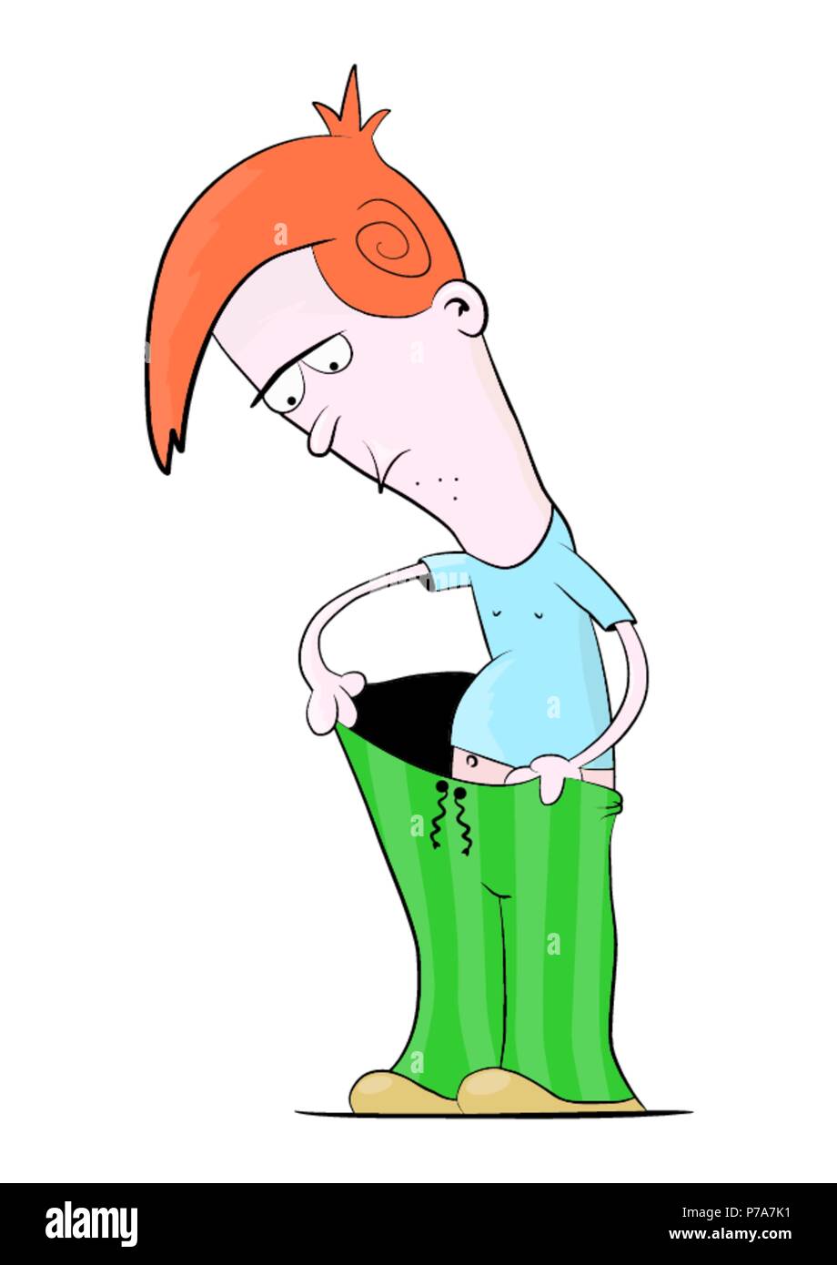 Cartoon man standing e guardando verso il basso dentro la sua pantaloni. Vettore di piatto. Illustrazione Vettoriale