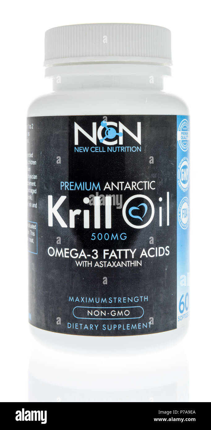 Winneconne, WI - 1 Luglio 2018: una bottiglia di nuova cella Nutrition premium krill antartico olio su un sfondo isolato. Foto Stock