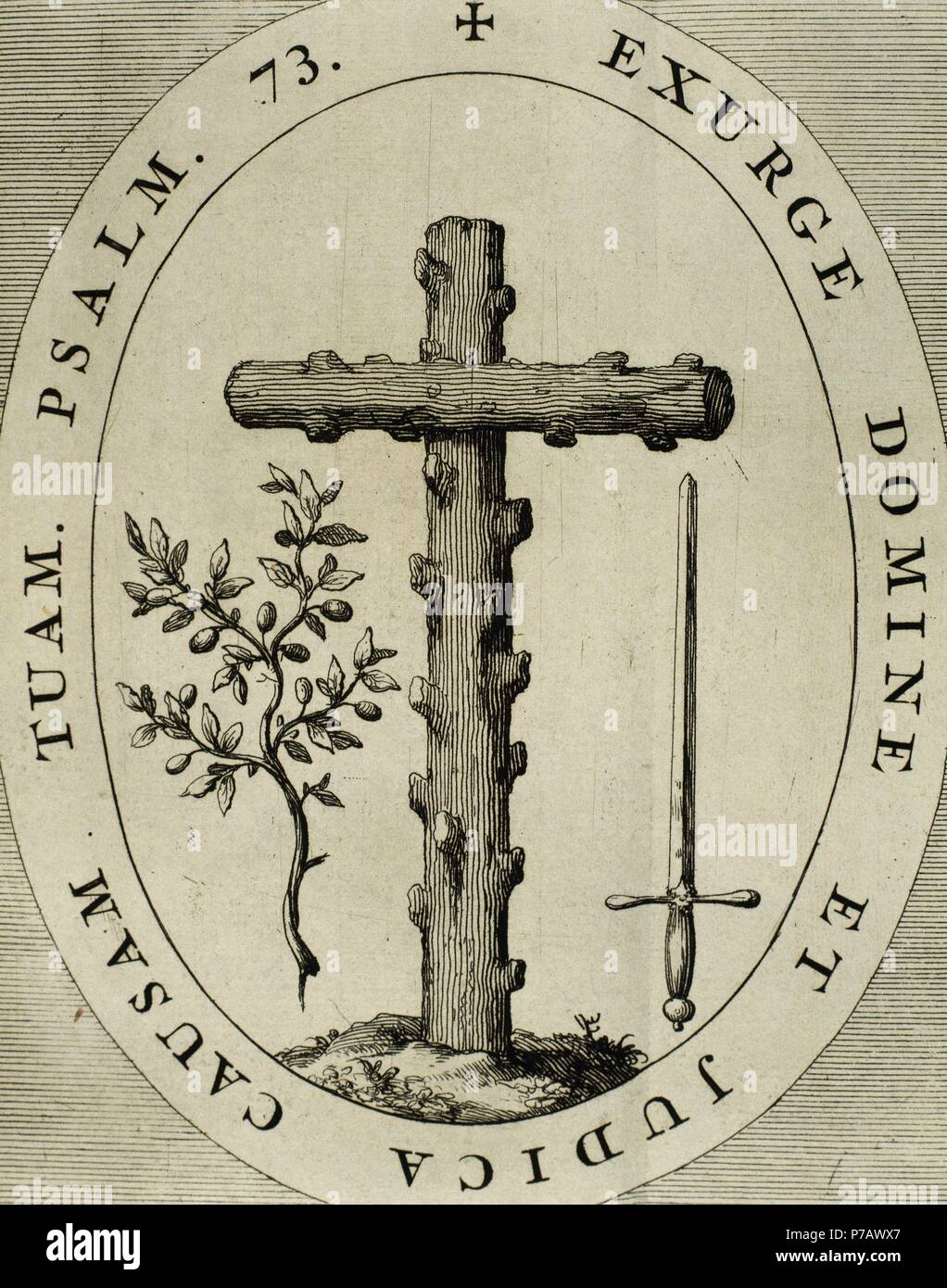 Emblema della Santa Inquisizione. Incisione, 1692. Foto Stock