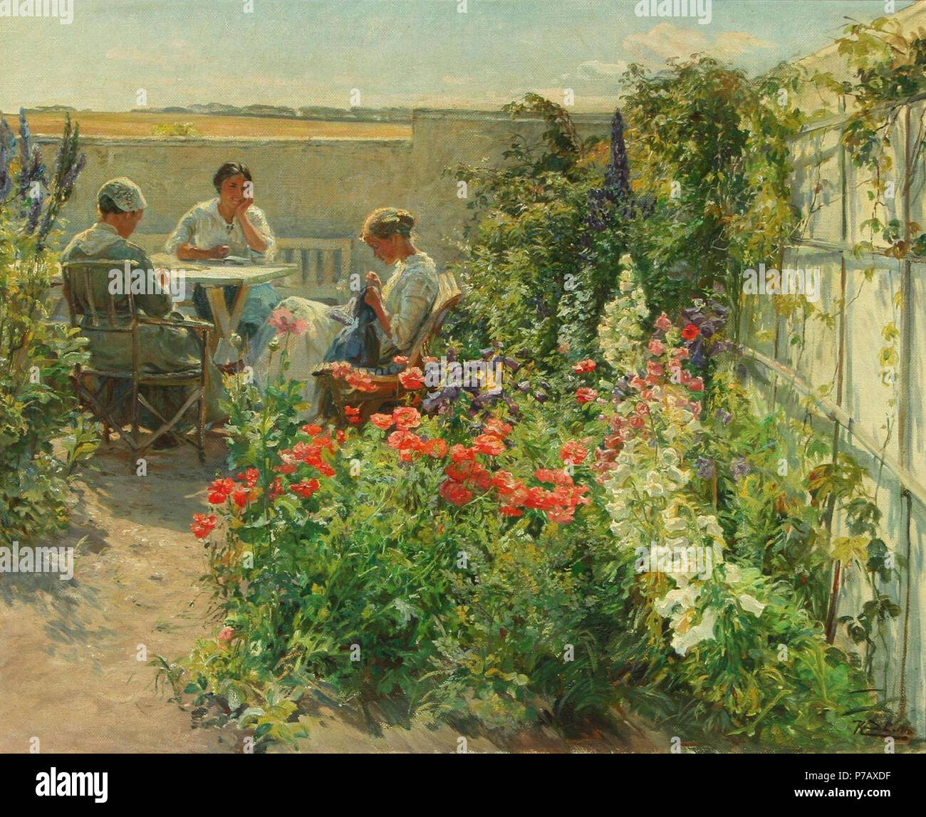 48 Knud Erik Larsen - Blomstrende haveeksteriør med tre kvinder ved et bord Foto Stock