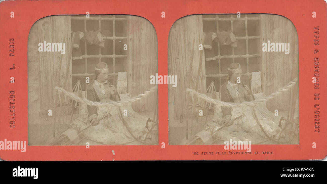Deutsch: Ludovico Wolfgang Hart: Maronitin aus Zq al Kabr beim Seidenweben, fälschlich auf der Stereokarte prelievo Raccolta & Leon als Ägypterin bezeichnet, um 1870, transparenter Albuinabzug mit rückseitiger Kolorierung und Schlitzung. 1865 54 Ludovico Wolfgang Hart Collezione L&amp;L 102 Maronitin aus Zuq essere Foto Stock