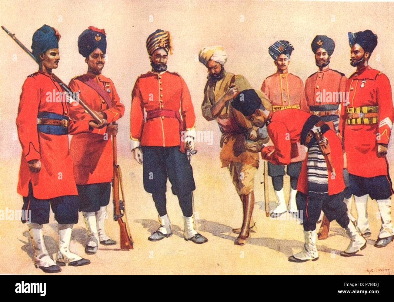 Inglese: Rajput soldati dell'esercito indiano britannico. Da sinistra a destra: XIII Rajputs, uomo e havildar dal VII duca di Connaught la propria Rajputs, Subadar e servo dal xvi Rajputs, 8 Rajputs, undicesimo Rajputs, seconda regina della propria Rajput Fanteria Leggera . 1911 66 Rajput fanteria lovett Foto Stock