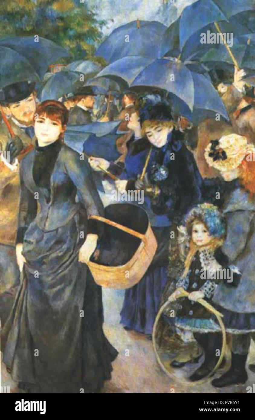 . Gli ombrelli . Inglese: Renoir "ombrelli" mostra una trafficata strada di Parigi sotto la pioggia. La composizione del dipinto non si concentra sul centro della foto che è un groviglio di mani. Esso anche tagli off figure sia a bordo come una fotografia istantanea. Questo tipo di disposizione non convenzionale era qualcosa che molti degli impressionisti, compresi Renoir e Degas, ci siamo divertiti sperimentando. Il lavoro è particolarmente interessante in quanto mostra l'artista in corrispondenza di due distinti punti nella sua carriera, la seconda delle quali è stato un momento di crisi come egli fondamentalmente riconsiderato la sua painti Foto Stock