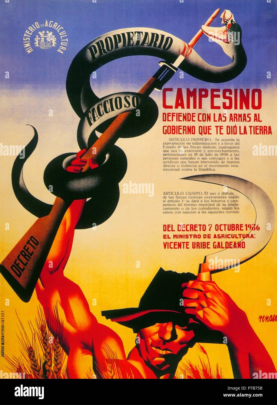 Guerra civile spagnola (1936-1939). Poster con la frase contadino, difendere con le armi il governo che vi ha dato la terra. A cura del Ministero dell' agricoltura durante il governo repubblicano di Francisco Largo Caballero e con Vicente Uribe come Ministro dell'agricoltura. Anno 1936. Poster di Jose Renau (1907-1982). Foto Stock
