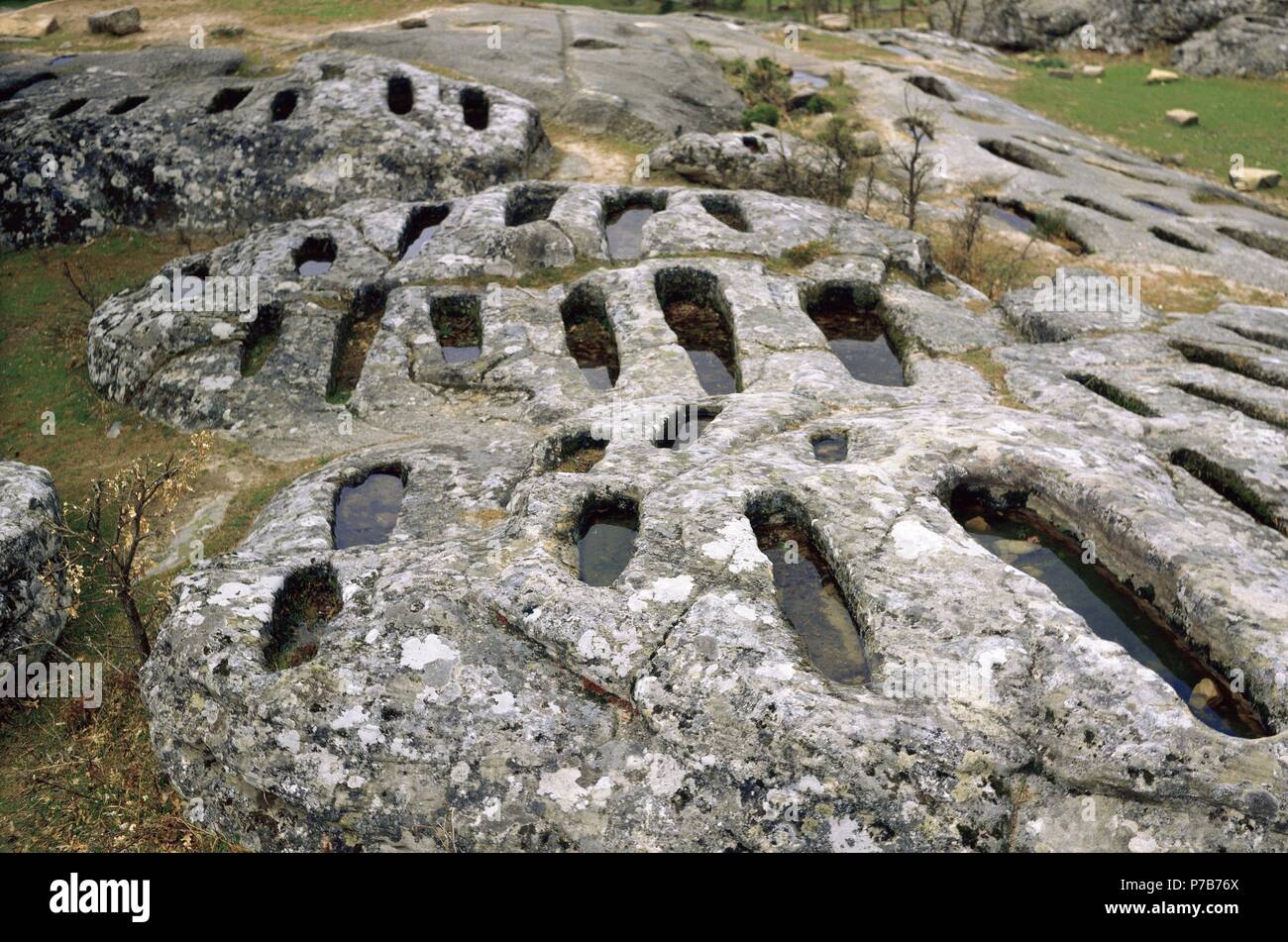 Medioevo. Necropoli di Revenga. Dettaglio delle tombe scavate nella roccia. Quintanar de la Sierra. Provincia di Burgos. Castiglia e Leon. Spagna. Foto Stock