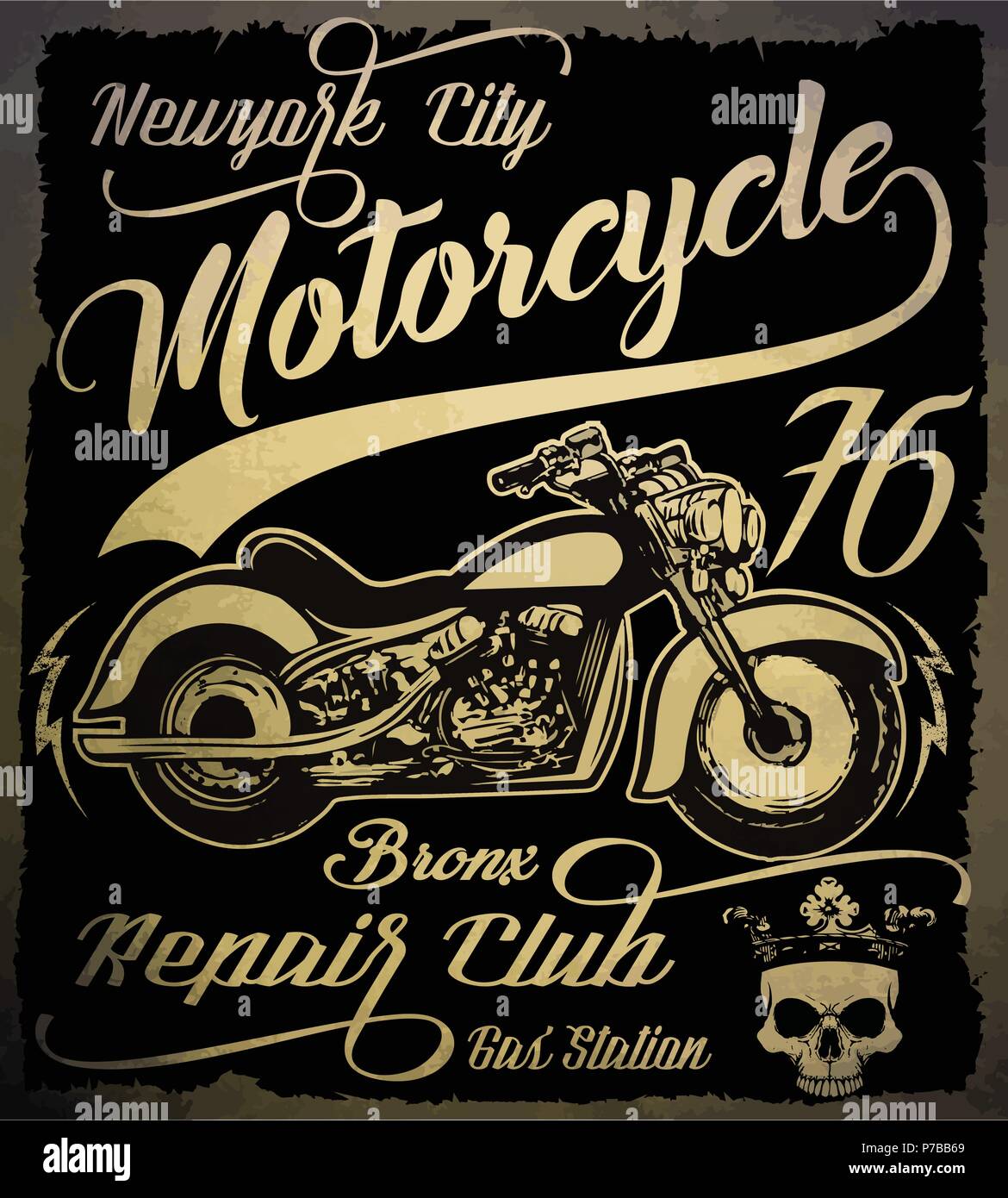 Moto d'epoca. Disegnato a mano vintage grunge illustrazione con scritte a mano e un retro bike. Questa immagine può essere utilizzata come una stampa su t-shirts Illustrazione Vettoriale