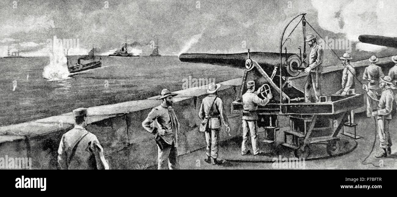 Guerra ispano-americana, tra la Spagna e gli Stati Uniti d'America nel 1898, grazie all'intervento degli Stati Uniti nella Guerra di Cuba di indipendenza. Cuba. Santiago de Cuba. Naufragio della Merrimac da uno spagnolo torpediniera. Battaglia navale di Santiago de Cuba, il 3 luglio 1898. Incisione. ' La Ilustracio n Iberi ca', 1898.". Foto Stock