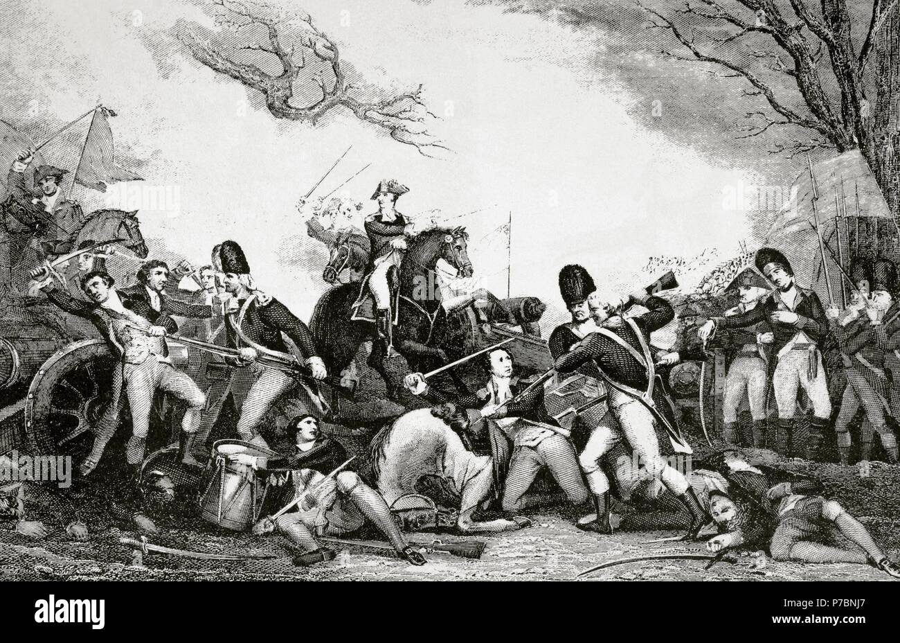 La guerra rivoluzionaria americana (1775-1783). La battaglia di Princeton (3 gennaio 1777). Il generale George Washington forze rivoluzionarie sconfitto le forze britanniche nei pressi di Princeton, New Jersey. Incisione. Xix secolo. Foto Stock