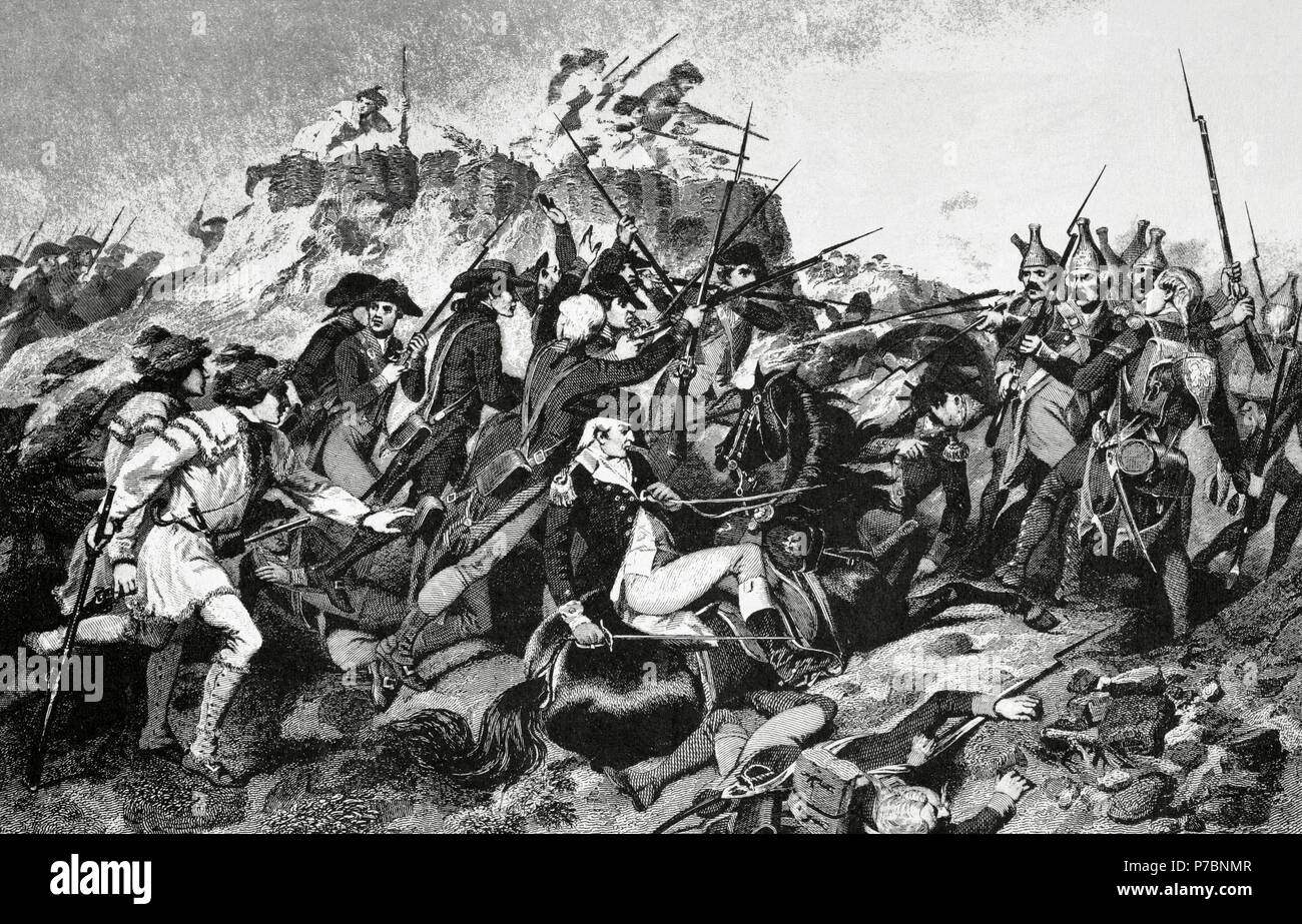 La guerra rivoluzionaria americana (1775-1783). Battaglie di Saratoga (1777). Secondo Saratoga: la Battaglia di Bemis Heights (7 ottobre). Incisione. Foto Stock