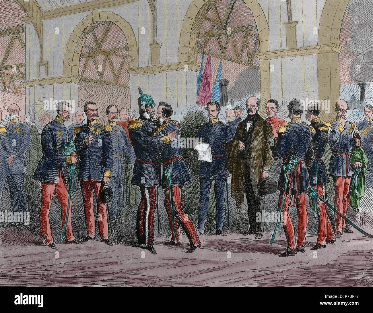 Guerra franco-prussiana. 1870-1871. Conflitto tra il secondo impero francese e gli stati tedeschi del Nord tedesco Confederazione guidata dal Regno di prussiano. Re Guglielmo I di Prussia riceve la notizia della dichiarazione di guerra della Francia. Incisione di Fromet. La Ilustracion Española y Americana, 1870. Colorati. Foto Stock