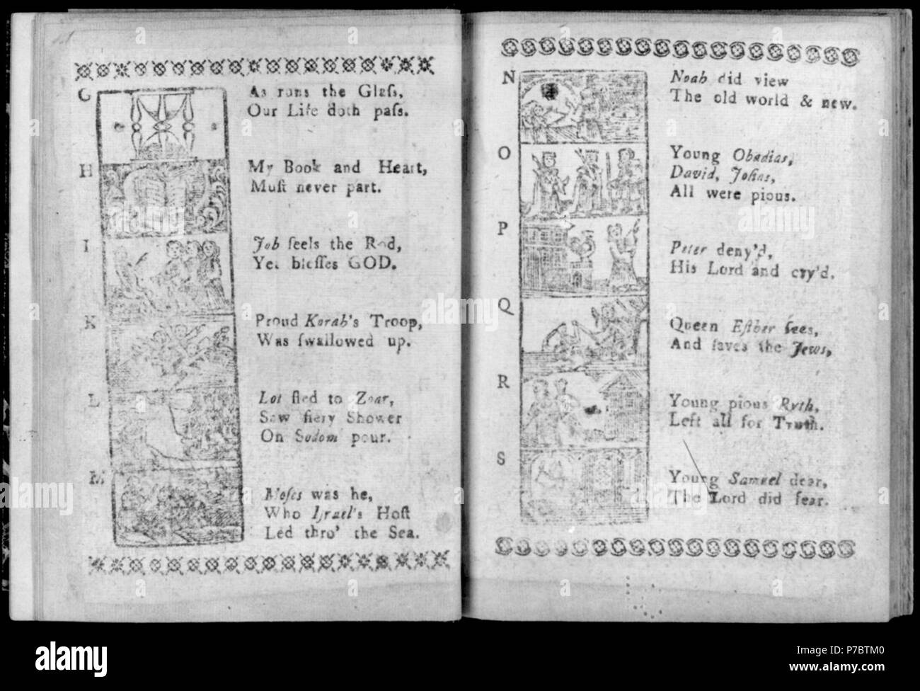 2 pagine di New England Primer, 1773, con illus. di lettere G A S; illus. e testo sono tema biblico Foto Stock