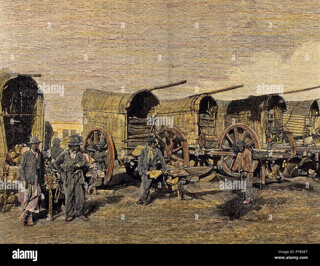 Argentina. I contadini con le loro tumbrils. 1849. Incisione colorata. Foto Stock