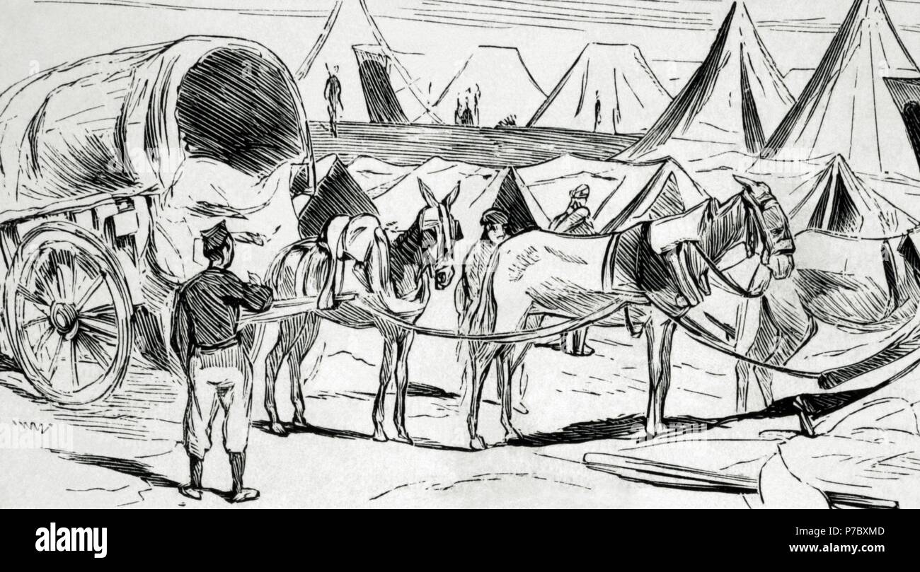 Terza guerra carlista (1872-1876). Spagna. Madrid. Il lavoro preliminare per costruire la Amanie's camp. Incisione. La Ilustracio n Espan ola y Americana,, 1876. Foto Stock