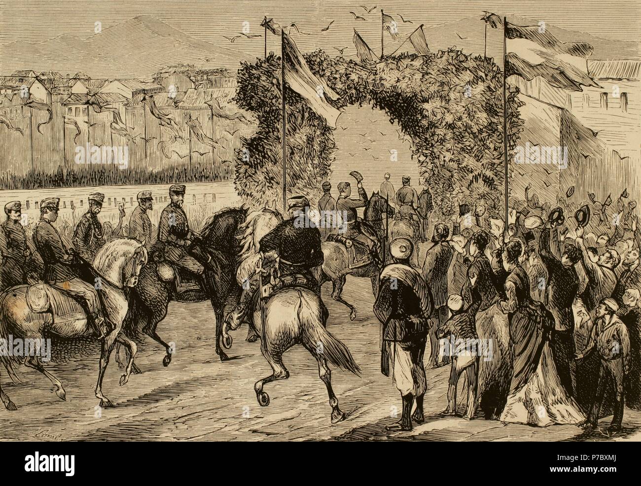Terza guerra carlista (1872-1876). Spagna. San Sebastian. Arrivo di re Alfonso XII alla città attraverso il modo di Hernani il 19 febbraio 1876. Incisione di Capuz. La Ilustracion Espan ola y Americana, 1876. Foto Stock