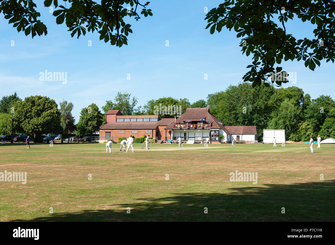 Partita di cricket a Waysbury Cricket Club, il verde, Wraysbury, Berkshire, Inghilterra, Regno Unito Foto Stock