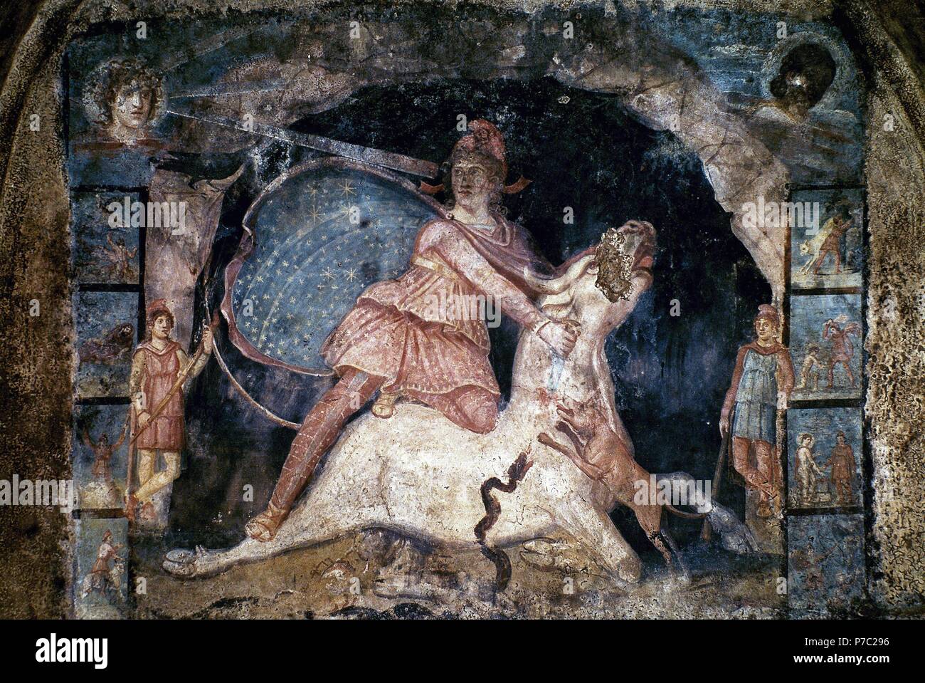 Affresco, Dios ario de la Luz Mitra, luchando con un toro blanco. Museo: Museo MITREO MARINO IRAN. Foto Stock