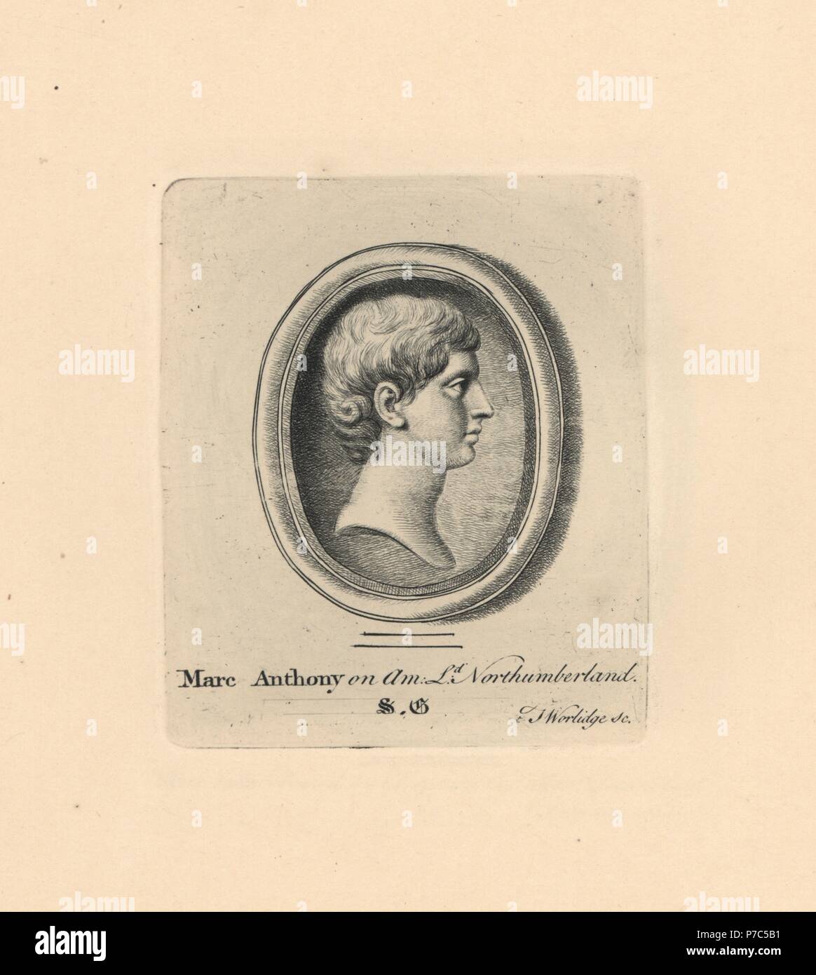 Ritratto di Marc Antony o Marcus Antonius, Romana generale e uomo politico, incisi su ametista dalla collezione del Signore Northumberland. Incisione su rame di Thomas Worlidge da James Vallentin di cento e otto Incisioni da gioielli antichi, 1863. Foto Stock