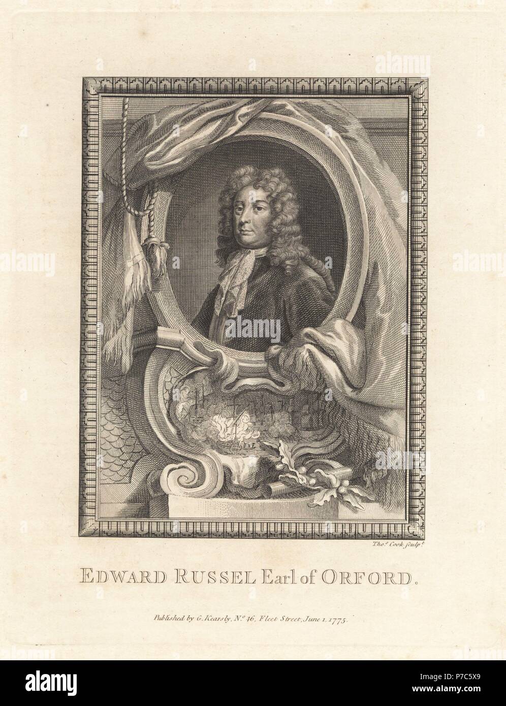 Edward Russell, 1° Conte di Orford, ammiraglio della flotta, 1653-1727, di forma ovale, sopra vignette di una battaglia navale. Incisione su rame di Thomas Cook dalla piastrina di rame rivista mensile o Tesoro, G. Kearsley, Londra, 1778. Foto Stock