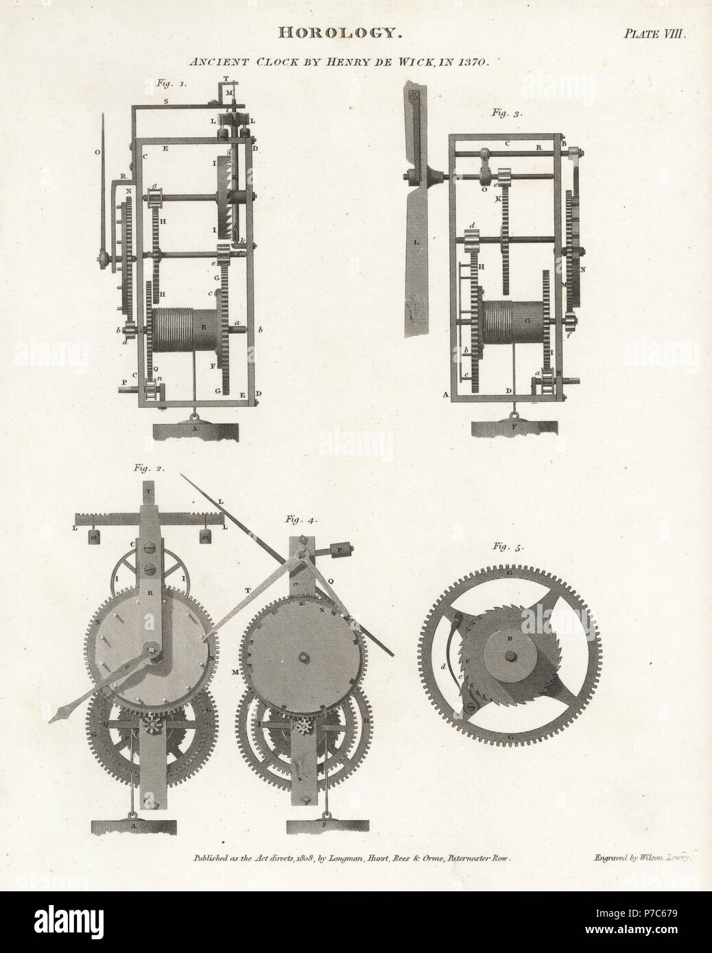 Antico orologio costruito da Henry de stoppino ed eretto nella torre del palazzo del re Carlo V il Saggio della Francia, 1370. Incisione su rame da Wilson Lowry da Abramo Rees' dell'enciclopedia o dizionario universale delle arti, scienze e letteratura, Longman, Hurst, Rees, Orme e marrone, Londra, 1808. Foto Stock