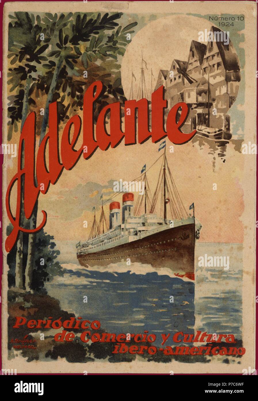 Portada de la revista Adelante, periódico de comercio y cultura ibero-americano . Berlín, 1924. Foto Stock