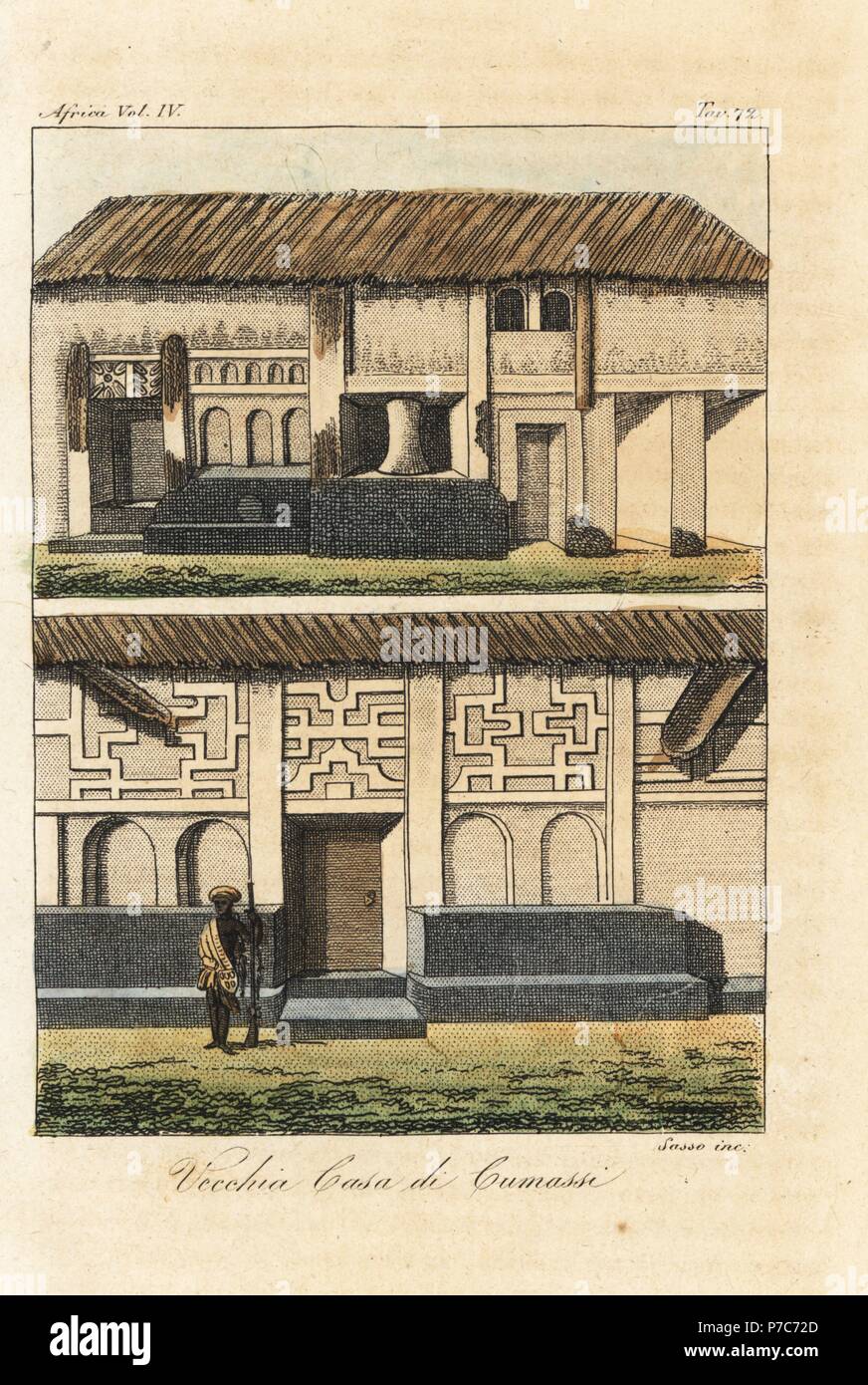 Casa a Kumasi, regno di Ashanti (Ghana), all'inizio del XIX secolo. Handcolored incisione su rame di Antonio Sasso da Giulio Ferrario le antiche e moderne costumi di tutti i popoli del mondo, Firenze, Italia, 1843. Foto Stock