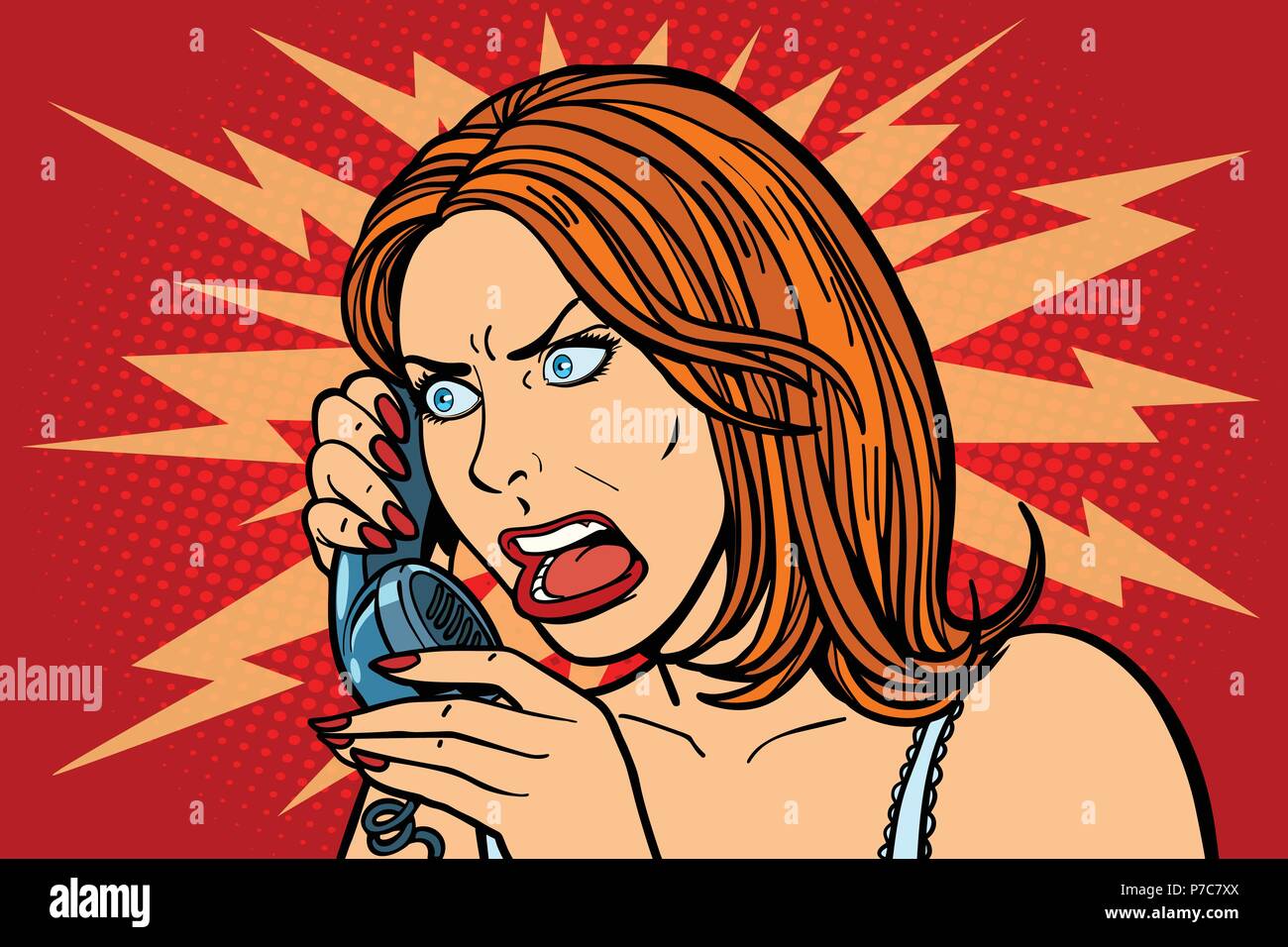 Arrabbiato donna parlando al telefono. Emozioni. Illustrazione Vettoriale