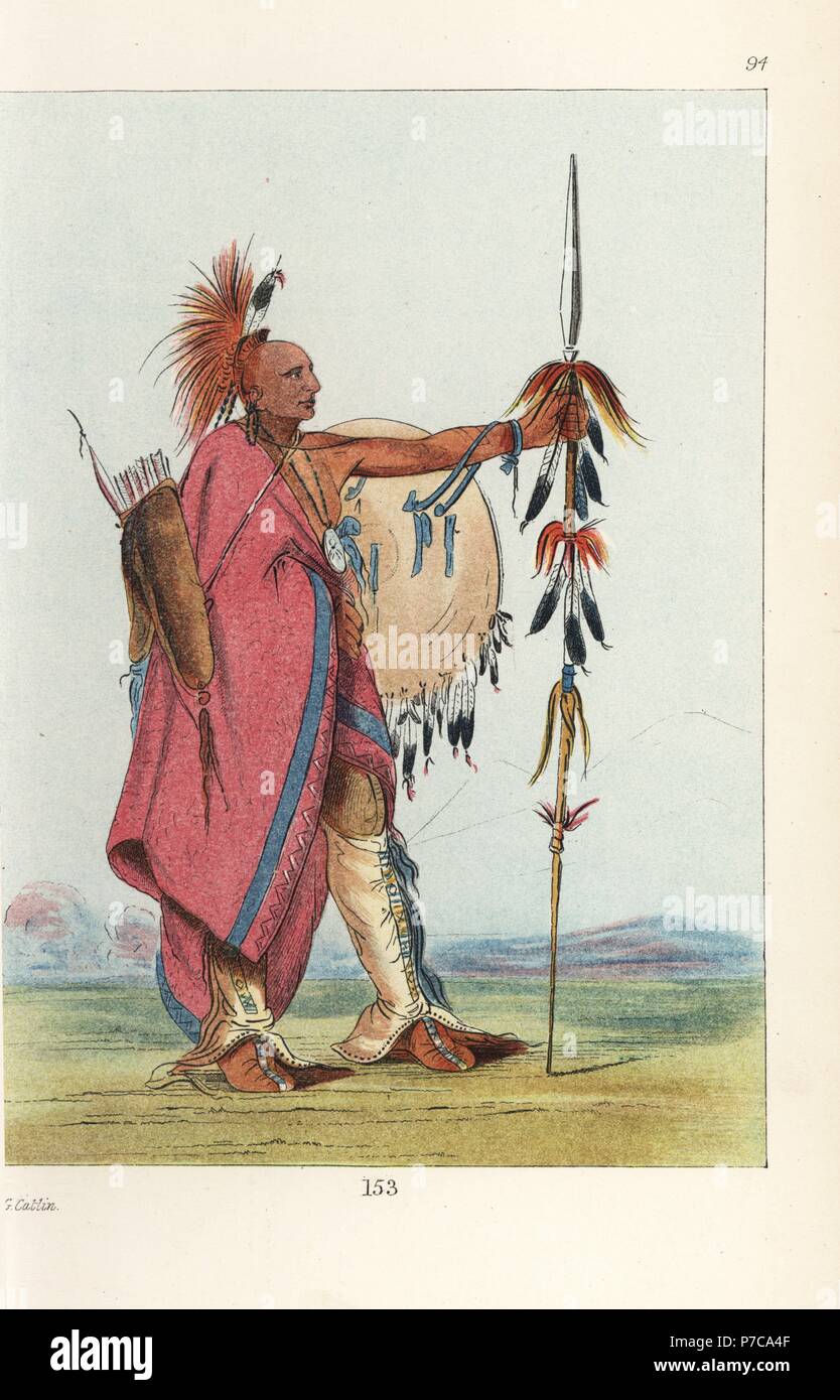 Warrior tal-lee del Osage nazione. La sua testa è rasata e adornata con un  tessuto tinto Red Deer Hair crest. Egli porta una lancia, faretra e scudo,  e indossa gambali e mocassini