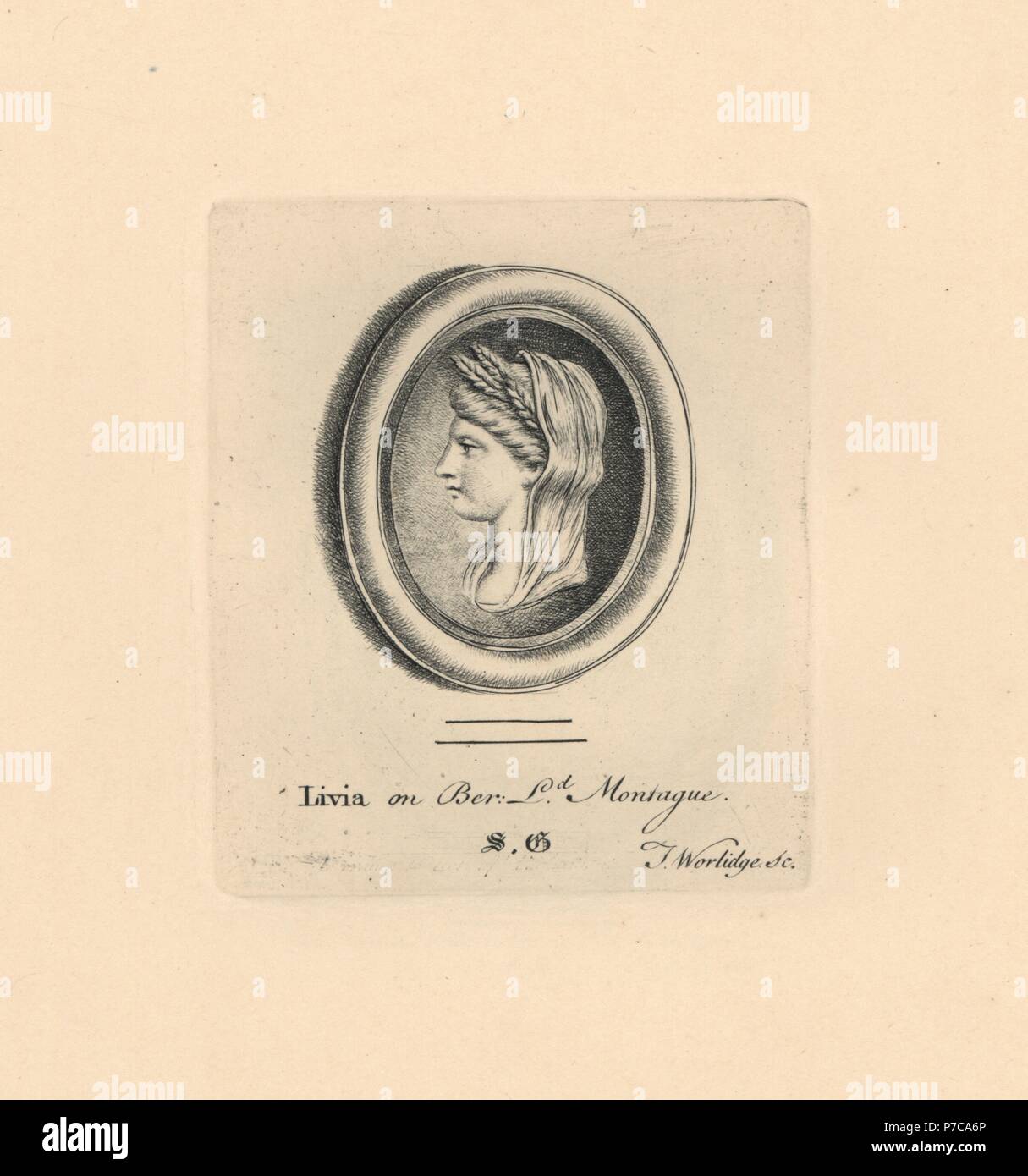 Ritratto di Livia Drusilla, imperatrice romana, consorte di Augusto, su beryl da Lord Montague's collection. Incisione su rame di Thomas Worlidge da James Vallentin di cento e otto Incisioni da gioielli antichi, 1863. Foto Stock