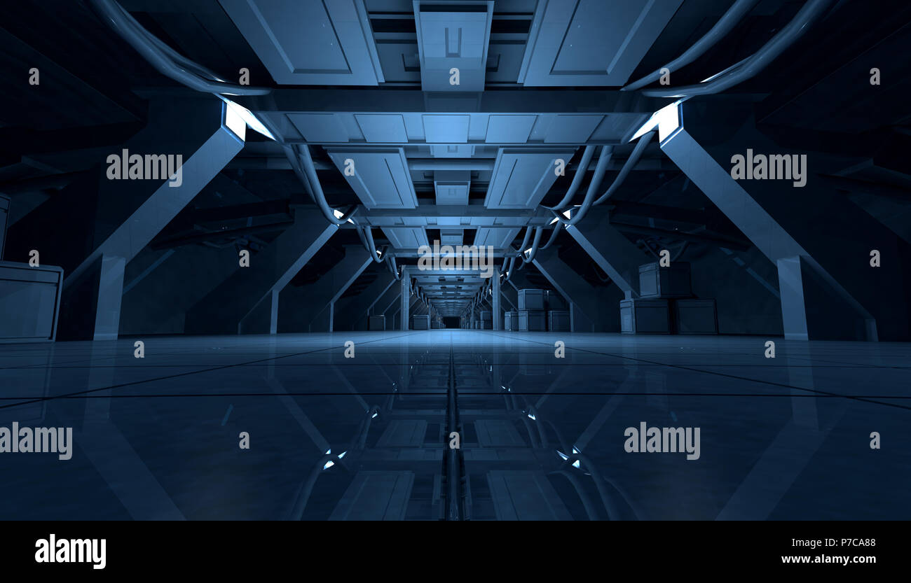 Abstract Blue Sci Fi Il futuristico design interno corridoio.il rendering 3D. Foto Stock