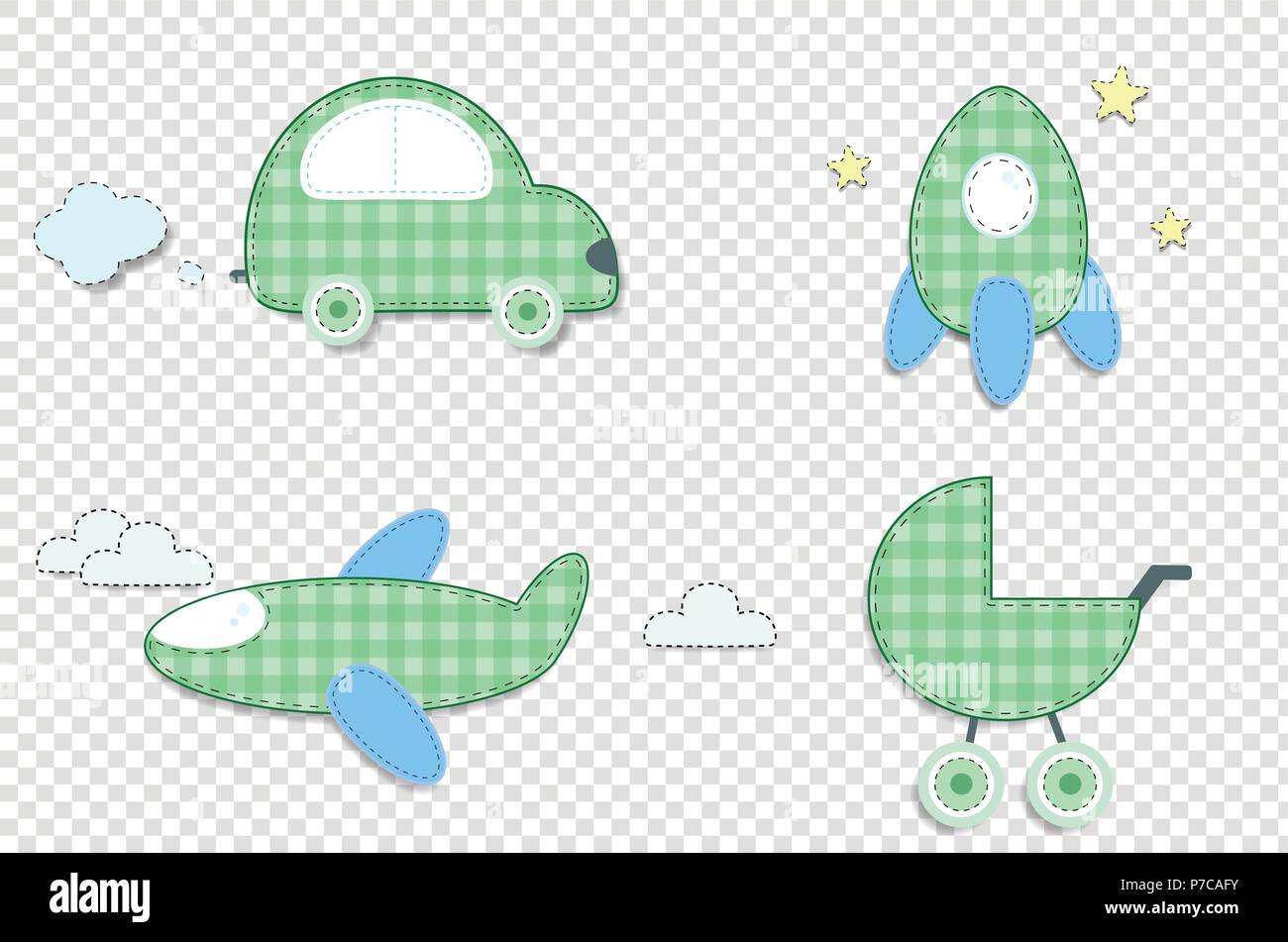 Set di vettore di simpatici baby clip art elementi per Scrapbooking o baby doccia biglietto di auguri e di design per bambini. Tagliare isolata di tessuto o carta verde a quadri Illustrazione Vettoriale