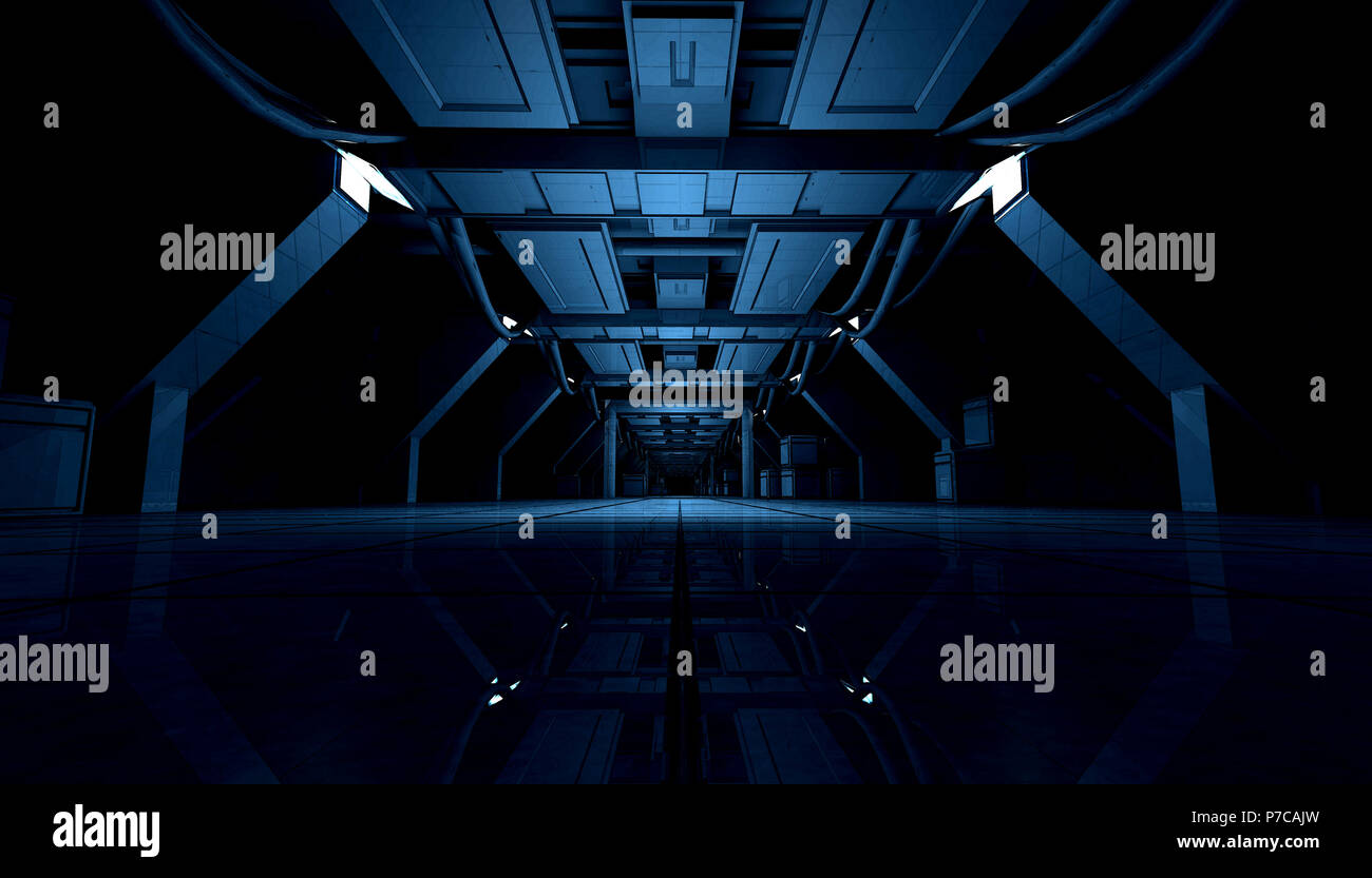 Abstract Blue Sci Fi Il futuristico design interno corridoio.il rendering 3D. Foto Stock