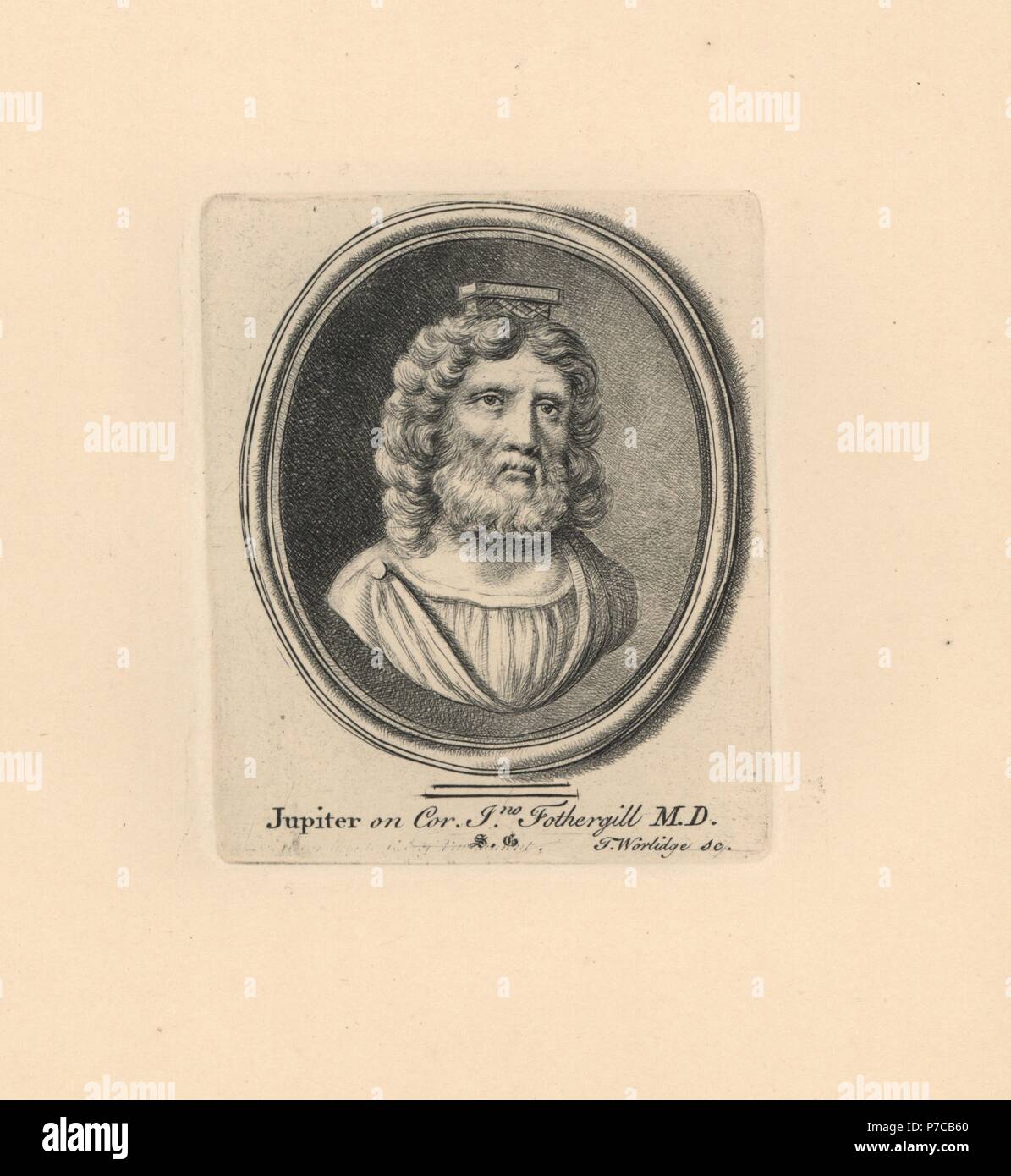 Ritratto di Giove o Giove, divinità romane, in corniola dalla collezione di John Fothergill M.D. Incisione su rame di Thomas Worlidge da James Vallentin di cento e otto Incisioni da gioielli antichi, 1863. Foto Stock