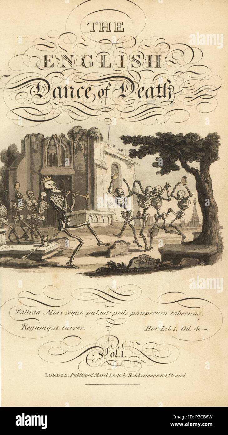 Titolo calligrafico e vignette di scheletri danza con tamburelli e corna in un cimitero vicino a una chiesa in rovina. Copperplate Handcolored disegnato e inciso da Thomas Rowlandson dall'inglese Danza della morte, Ackermann, Londra, 1816. Foto Stock