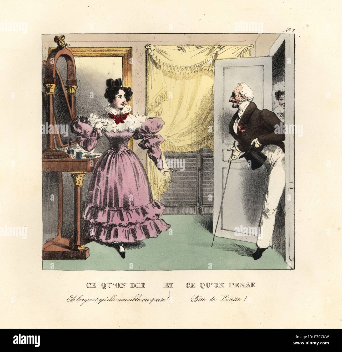 Gentiluomo con la canna da zucchero e top hat interrompendo una signora a sua toilette. Ciao, che bello vedere voi! (Si bestia!) Handcolored litografia dal Gihaut fratelli dopo una illustrazione di Jean Gabriel Scheffer da Petites scene du Monde, Ce qu'on dit et ce qu'on pense, Gihaut Freres, Parigi, 1829. Foto Stock