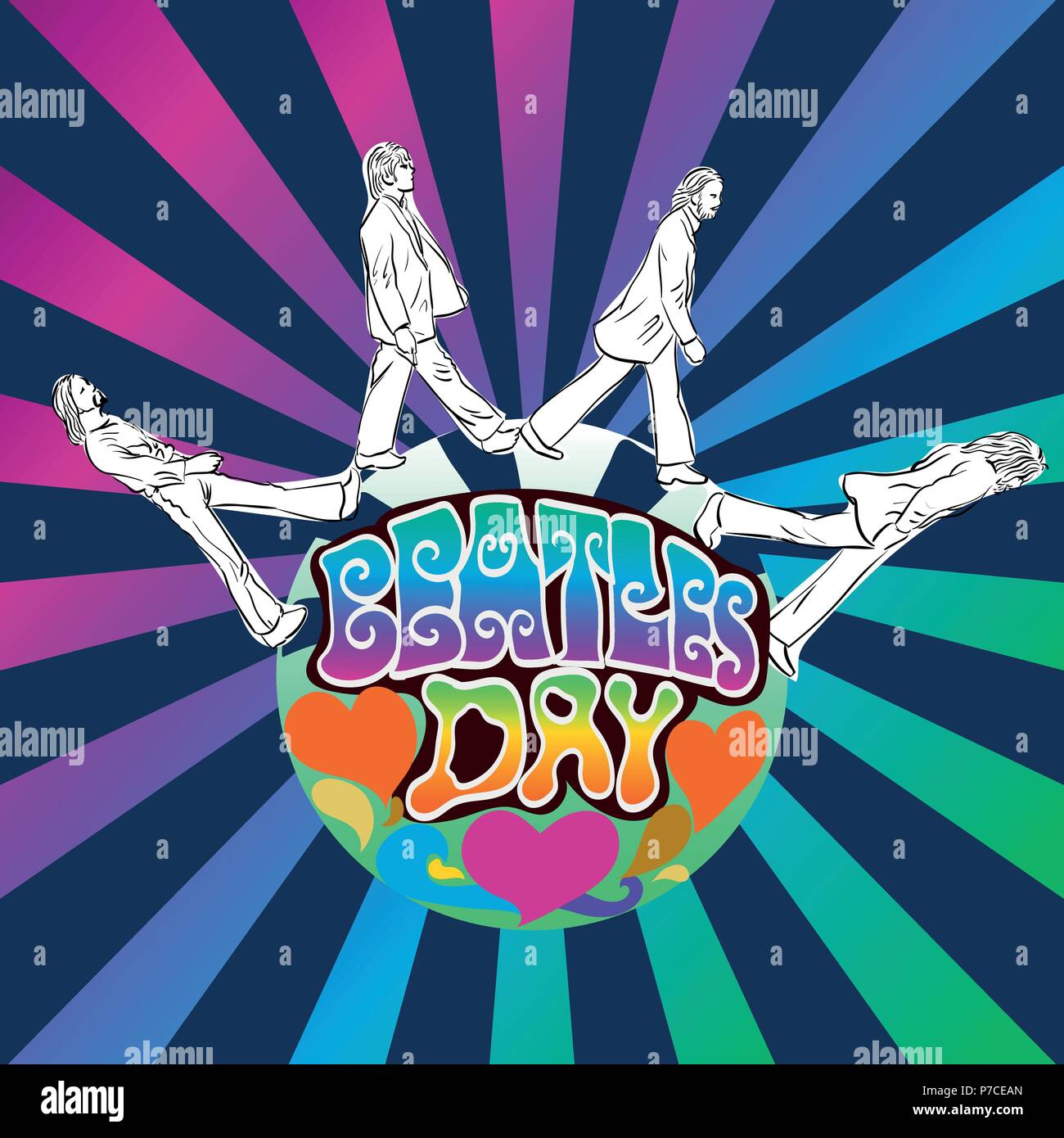 Luglio 05, 2018: disegnati a mano illustrazione vettoriale di flyer con i Beatles membri su arte psichedelica con caratteri sfondo. Per Beatles giorno di luglio Illustrazione Vettoriale