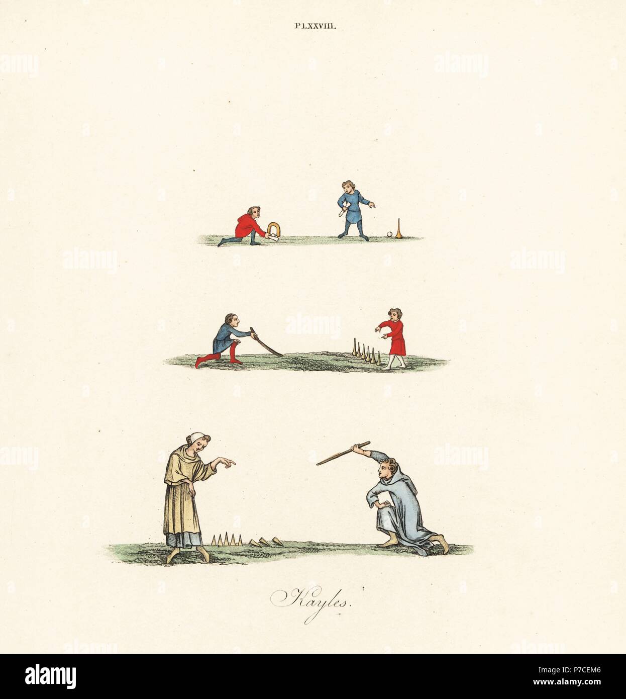 Kayles medievale o birilli. Gioco giocato con palla, stick, hoop e target (in alto), gli uomini che giocano kayles o birilli con bastone e sei spine (centrale), e gli uomini che giocano kayles o birilli con bastone e otto perni (fondo). Litografia Handcolored da Joseph Strutt dal proprio sport e svaghi del popolo d'Inghilterra, Chatto e Windus, Londra, 1876. Foto Stock