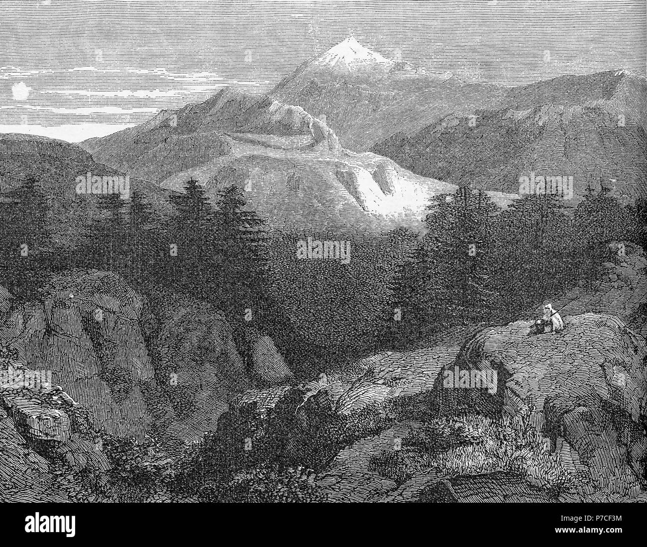 Il Libano, vista panoramica del monte Libano gamma di montagne lungo l'estensione dell'intero paese parallelamente alla costa Mediterranea, incisione vintage Foto Stock
