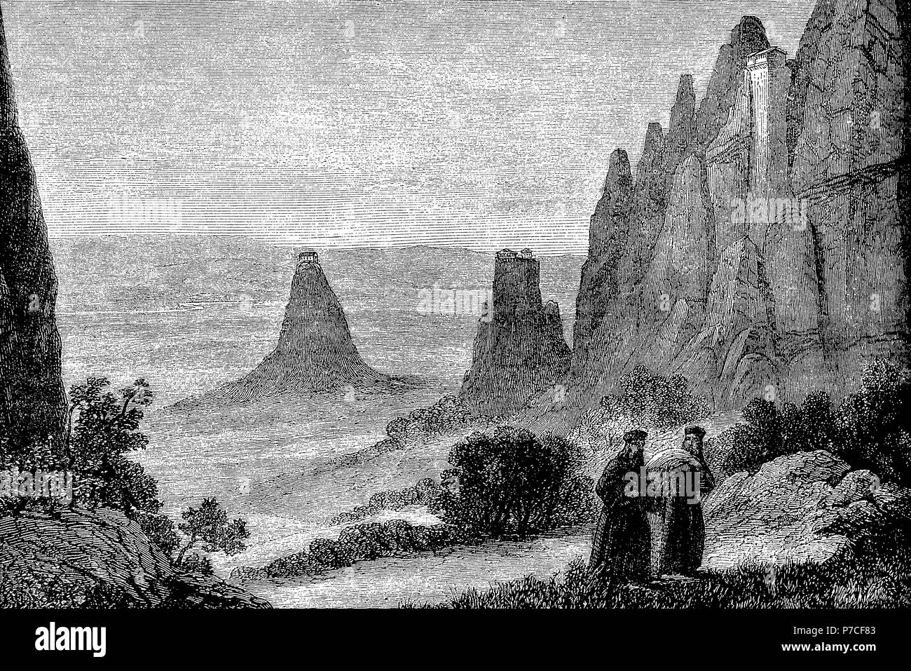 Vintage incisione di Meteora monasteri ortodossi su alti pilastri di roccia nella Grecia centrale Foto Stock